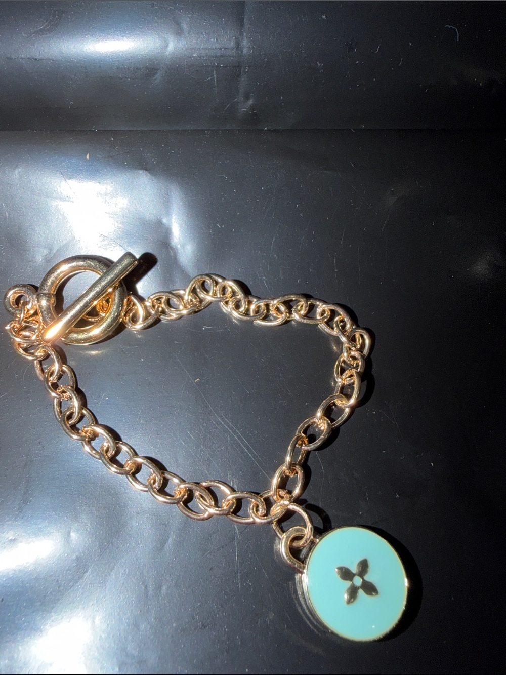 LV Skittle on Gold Tone Chain Charm Bracelet with Mint Enamel Disc